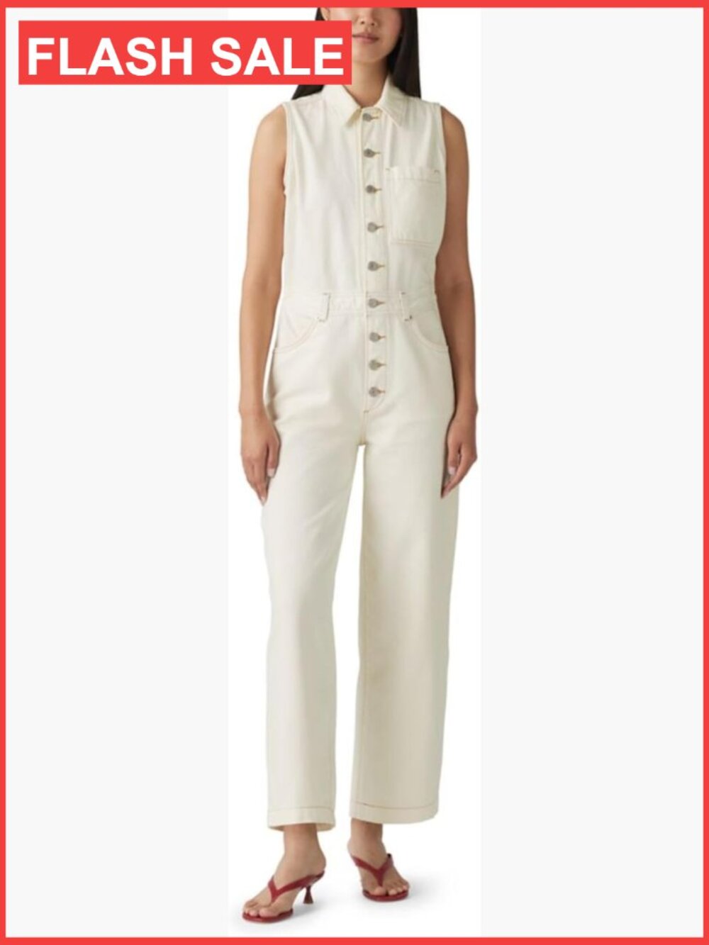 Sleeveless Button-Front Jumpsuit with Pockets Cotton Regular Fit